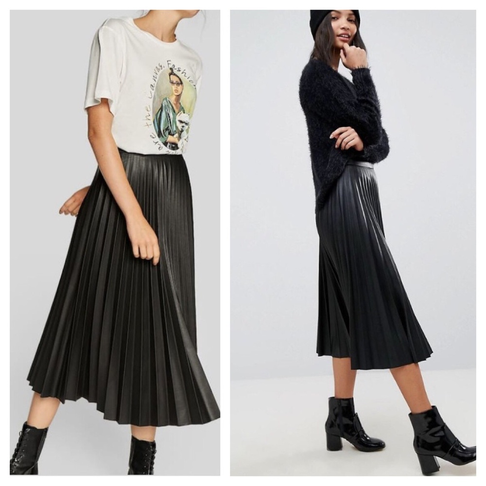 Stradivarius Pleated Faux Leather Midi Skirt Sz 4